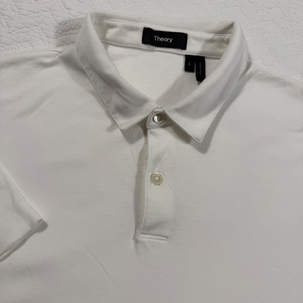Theory Mens White Short Sleeve Collared Polo Shirt Size‎ L Made in Peru Stretchy